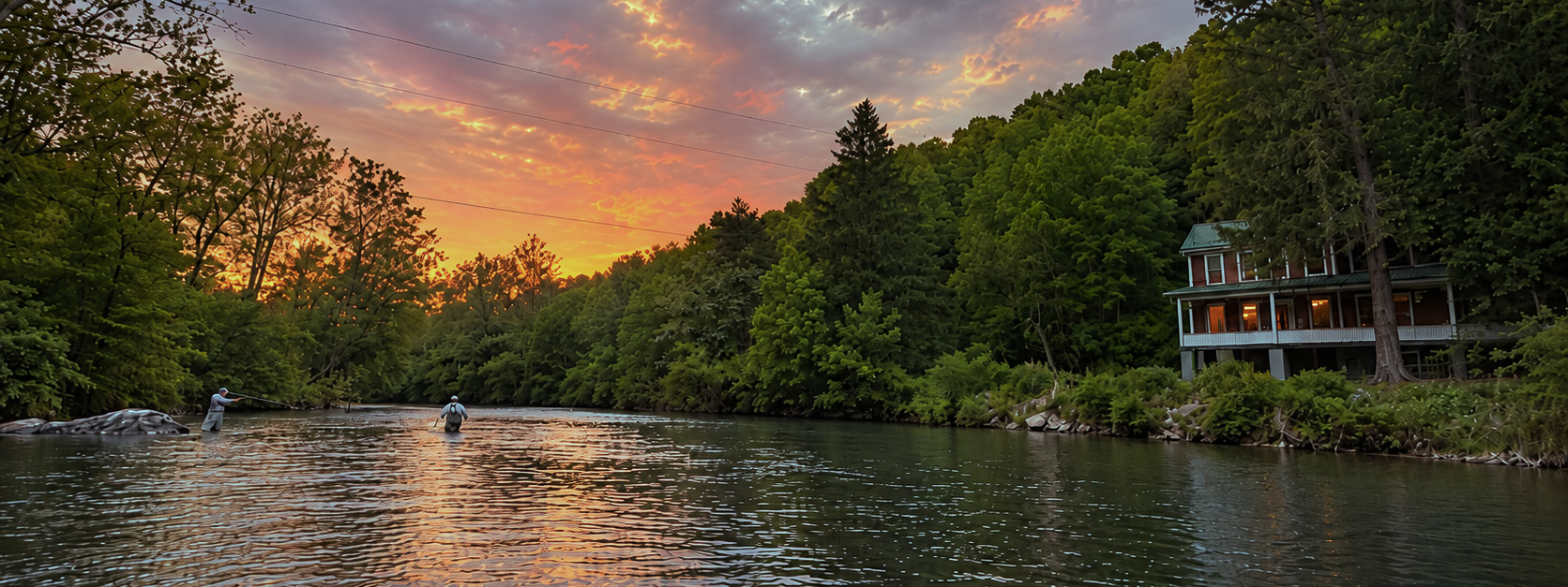Anglers fly fishing a South Central Pennsylvania stream at sunset